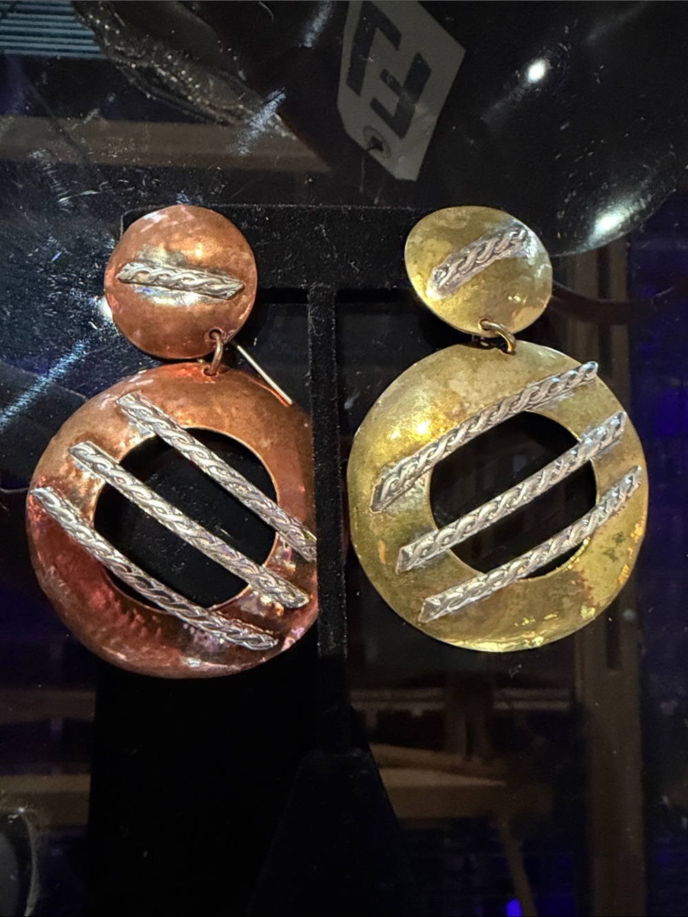Gold and Copper Double-Disk Drop Earrings by